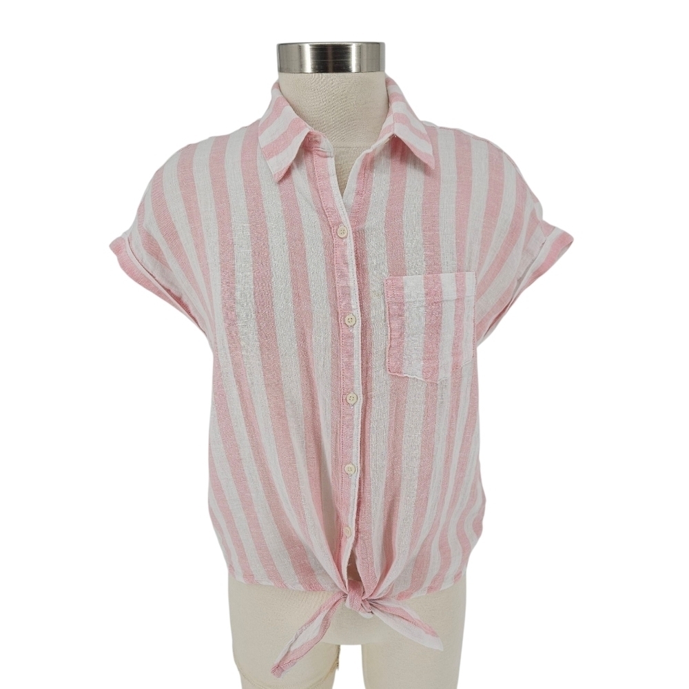 Old Navy Shirt Linen Pink Stripe Short Sleeve Button Up Collared Tie Knot Small